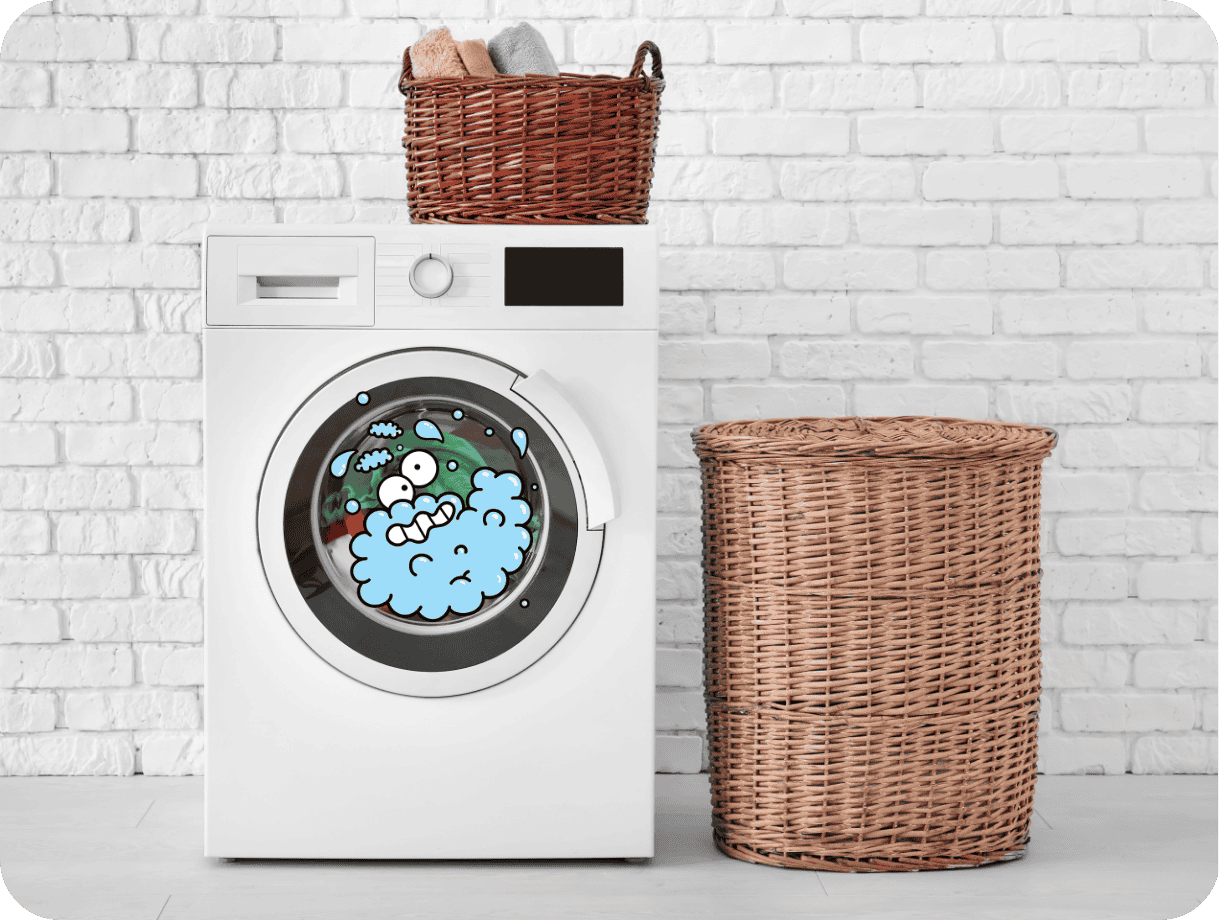 A washing machine featuring a spinning character.