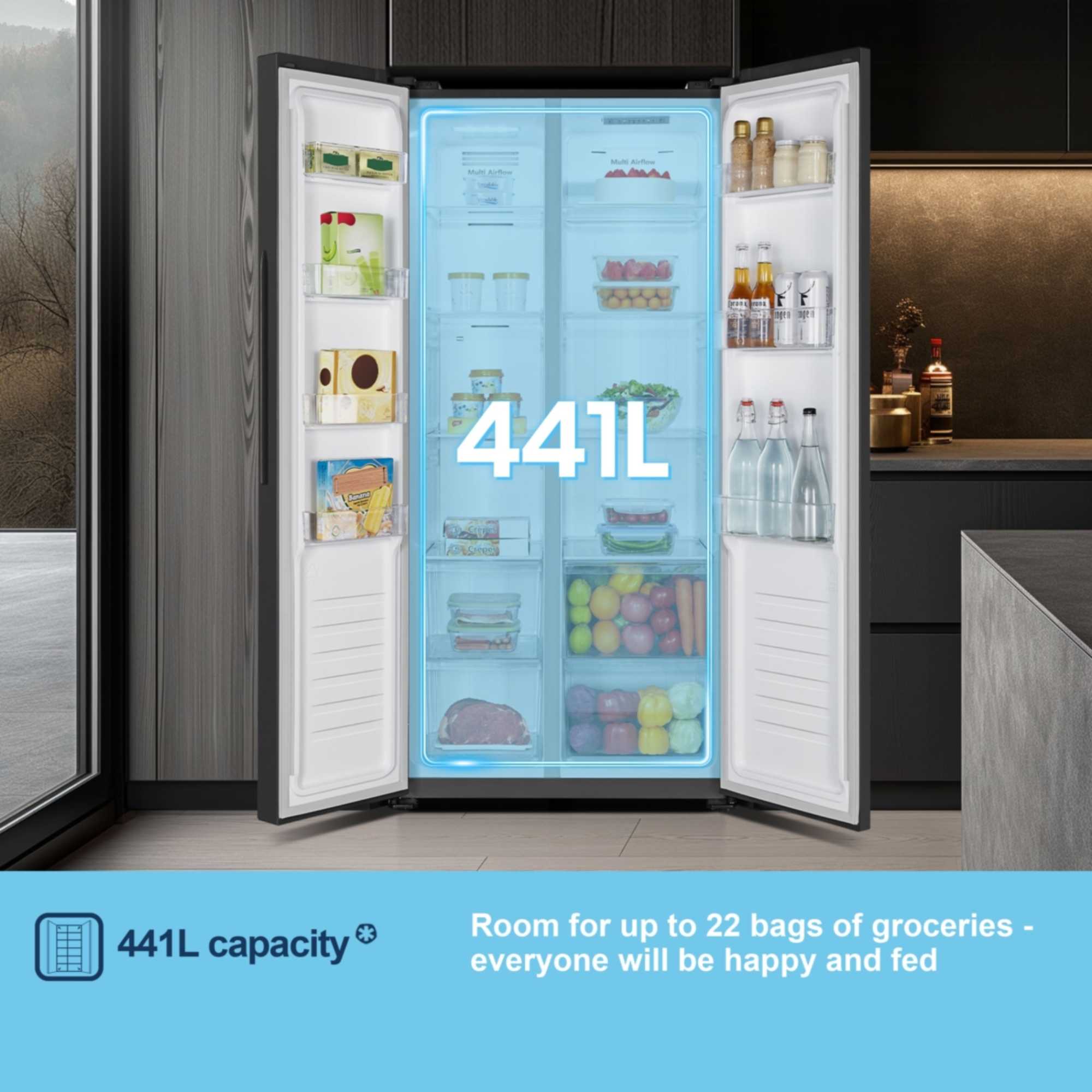 MS83430EB 441l Side By Side American Style Fridge Freezer - Black