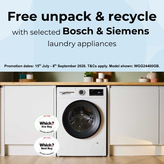 Free unpack & recycle with selected Bosch & Siemens laundry appliances