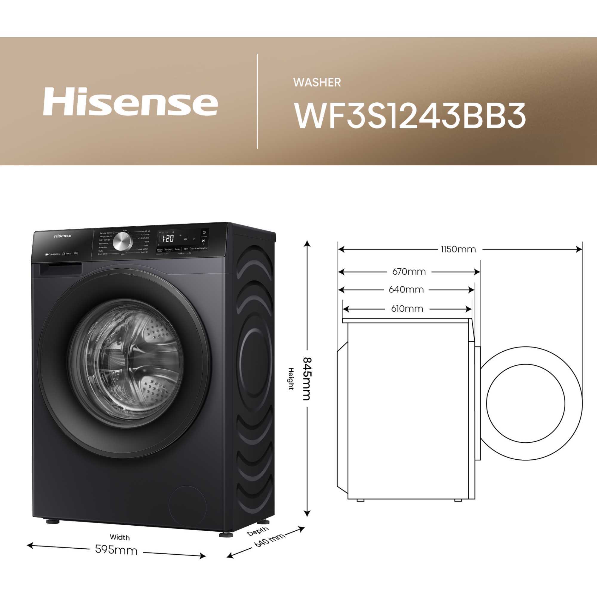 WF3S1243BB3 12kg 1400rpm Washing Machine - Black