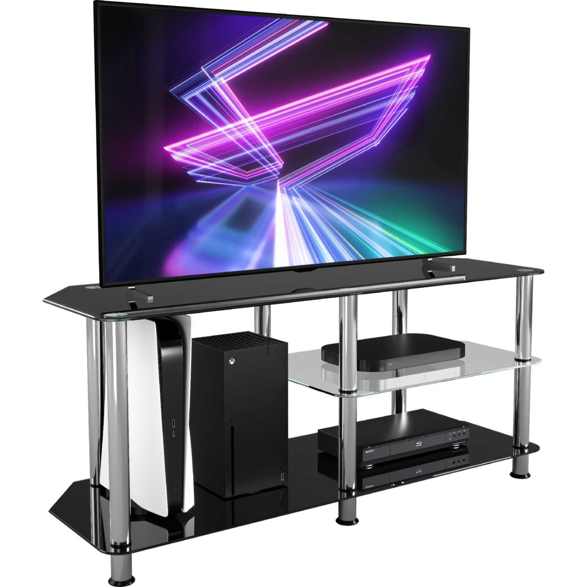 SDC1140-5 Glass TV Stand With Vertical Storage - Black/Chrome