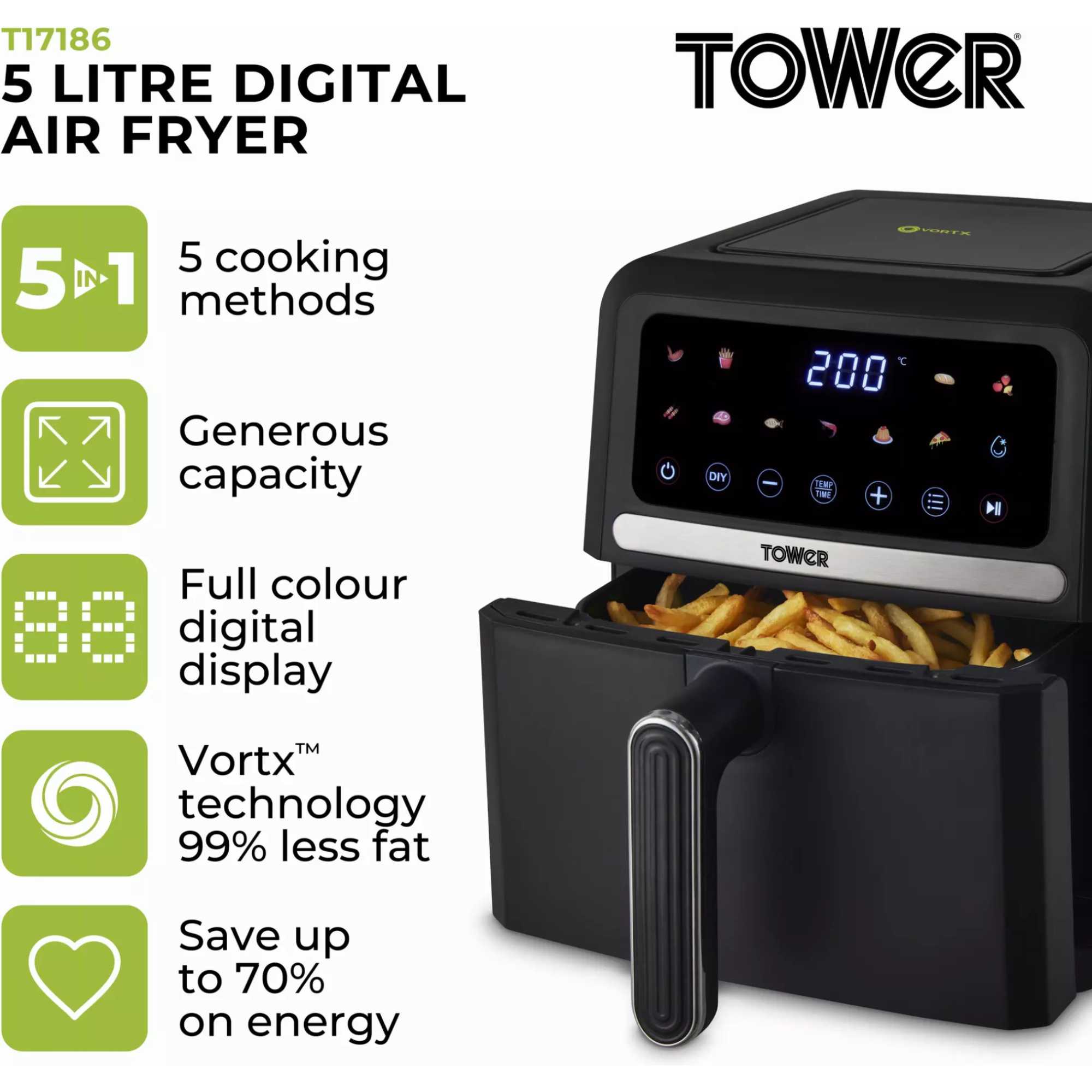 T17186 Vortex 5l Digital Air Fryer with Colour Display - Black