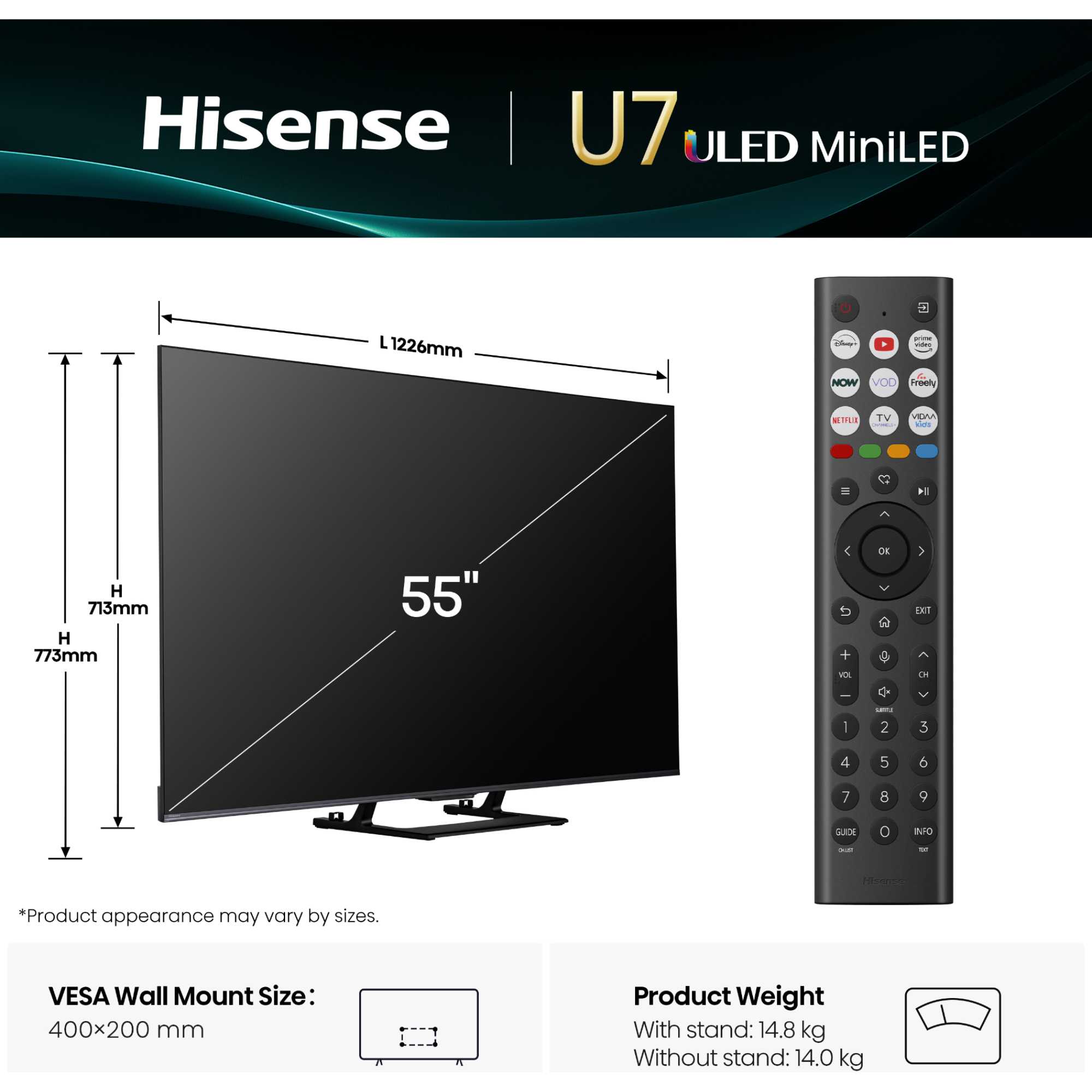 U7QTUK 55" 4K Ultra HD MiniLED 144Hz Freely Smart TV - 55U7QTUK
