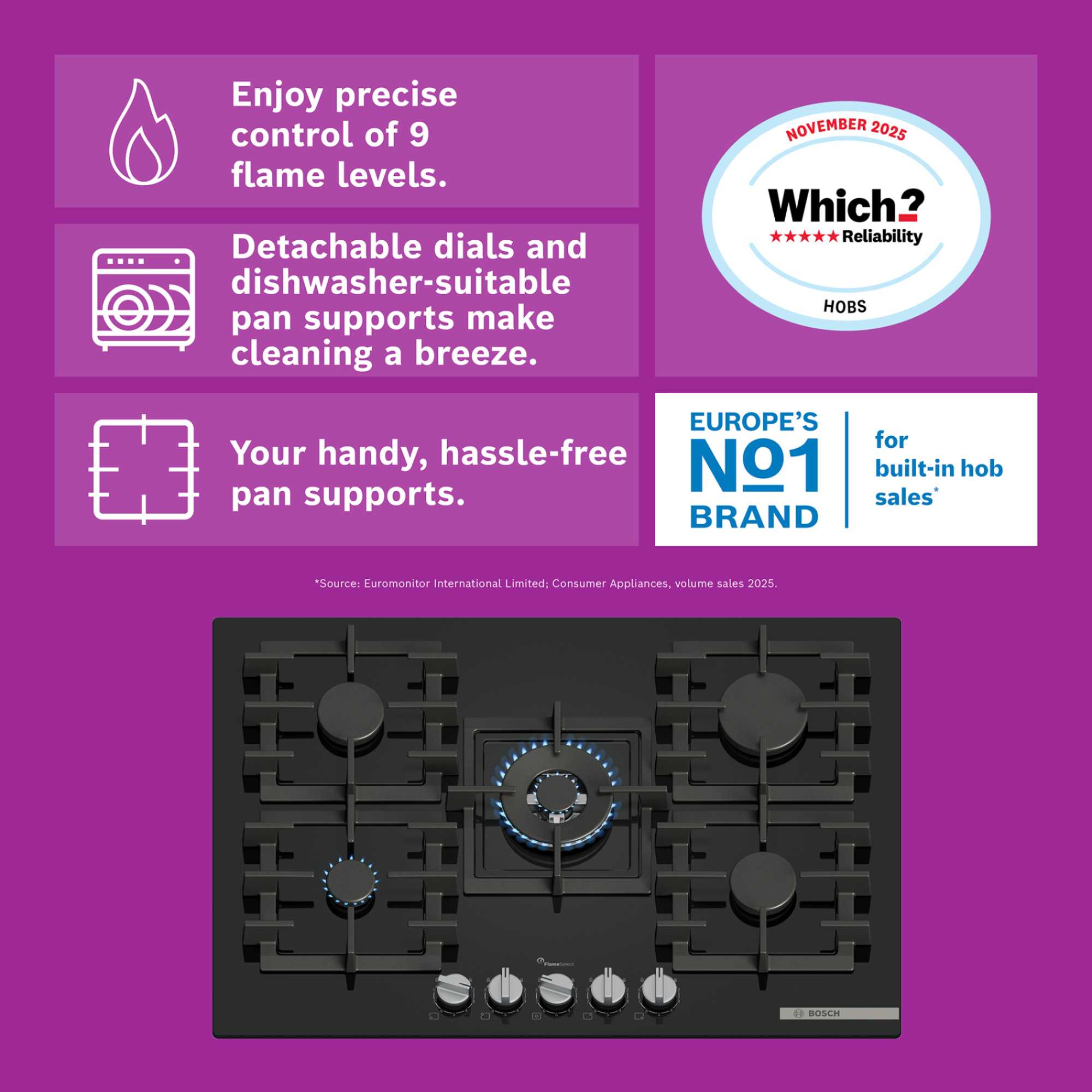Series 6 PPQ7A6I40 75cm Gas Hob 5 Burners Tempered Glass - Black