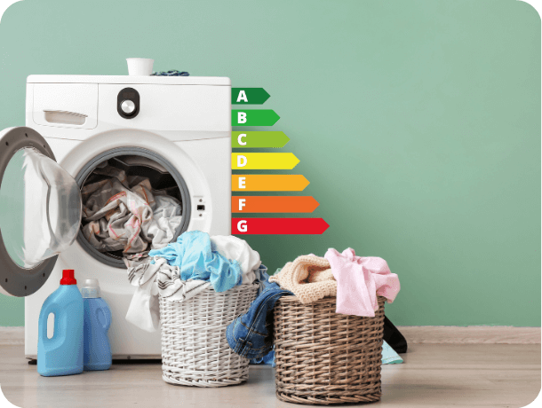 A washing machine filled with laundry with an example of energy efficiency ratings.